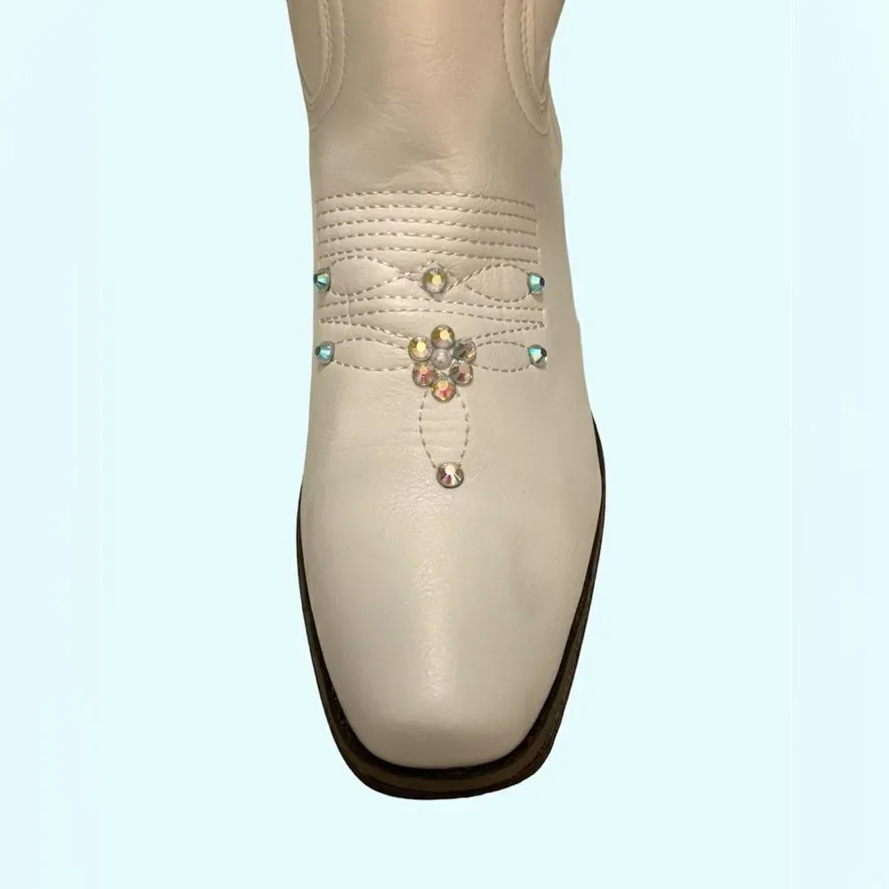 White Cowgirl Boots with Crystal Studs - Picture 6 of 11